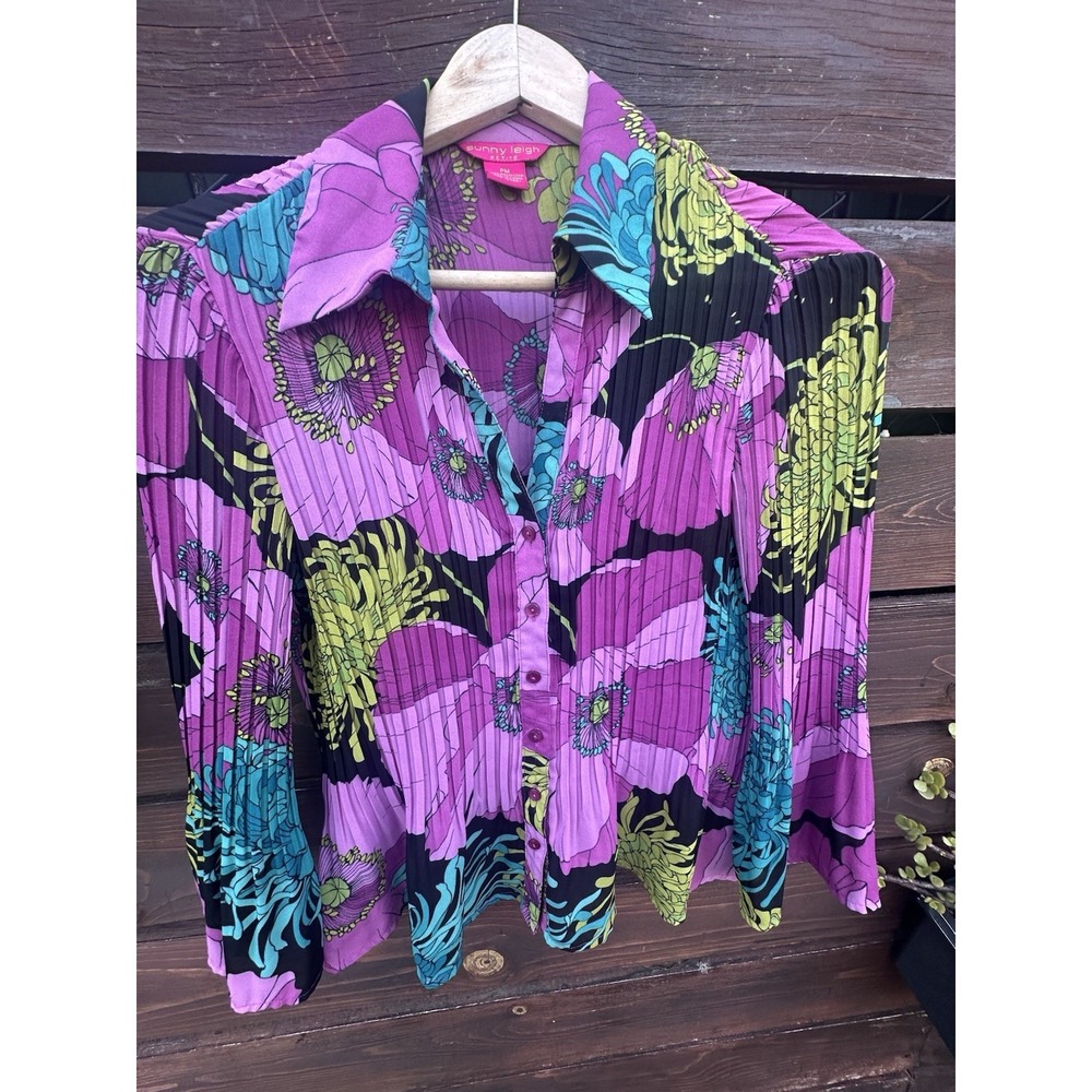 Sunny Leigh Blouse Crinkled Chiffon Collared Button Up Top Artsy *Size M Petite